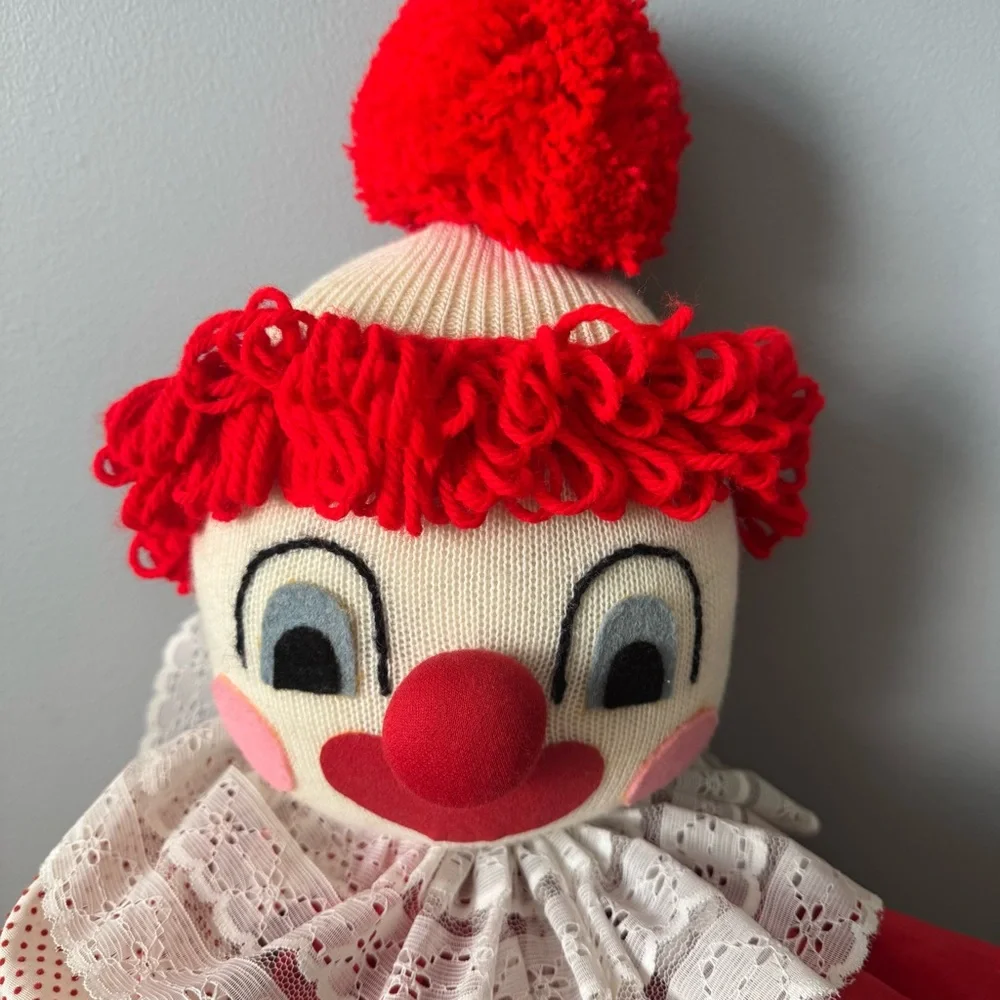 Vintage Large 26‎ Inch Cloth Clown Doll Red White Polka Dot Lace Yarn Hair